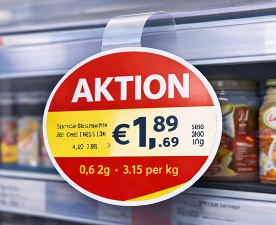 Runder Regalwobbler mit Aktionspreis am Verkaufsregal