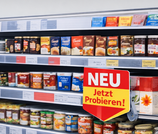 Regalwobbler Neu jetzt probieren im Supermarktregal zur Produktbewerbung