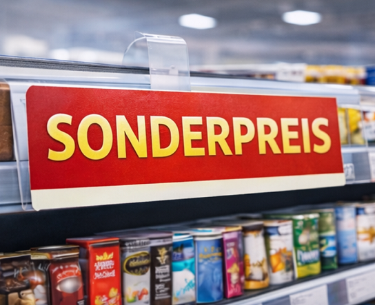 Regalwobbler mit Sonderpreis am Supermarktregal zur Verkaufsförderung