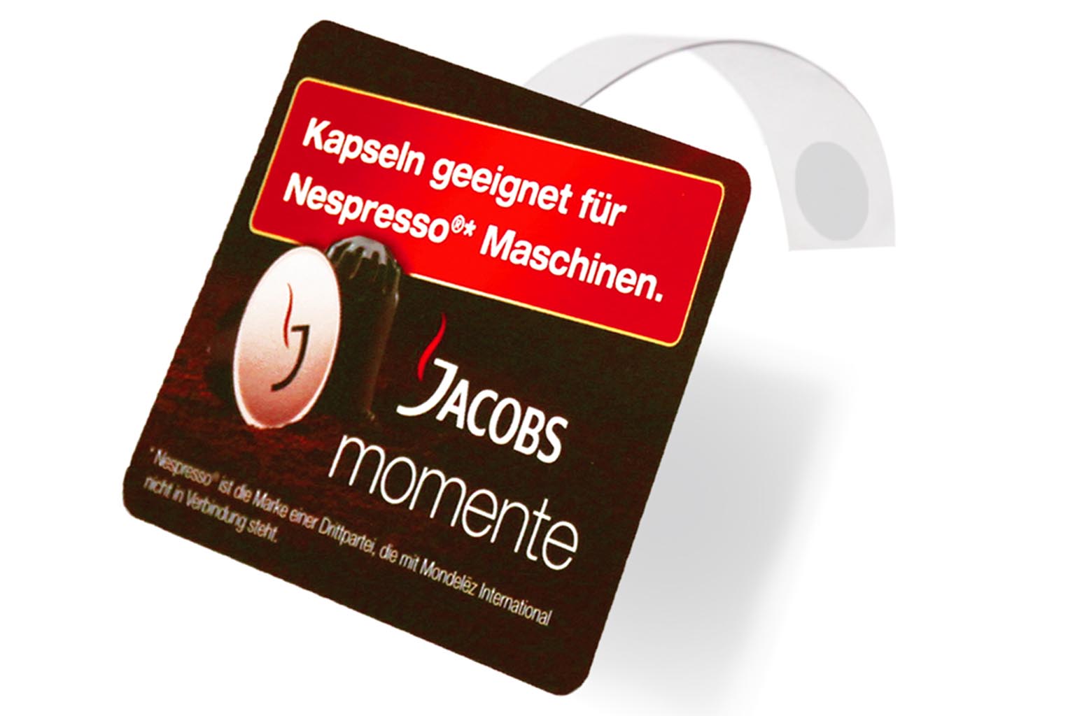 Auffällig am Regal: Unser konturgestanzter Jacobs-Regalwobbler sorgt für Bewegung