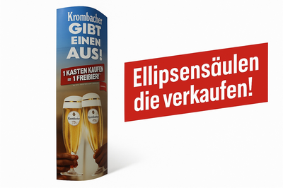 Ellipsensäule mit automatischer Aufrichtefunktion für Krombacher – effizientes Marken-Tool am POS