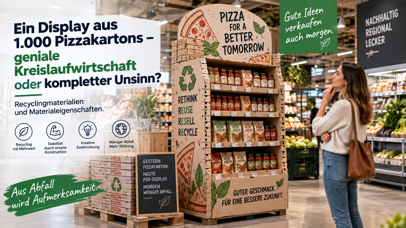 Ein Display aus 1.000 Pizzakartons: geniale Kreislaufwirtschaft oder kompletter Unsinn?